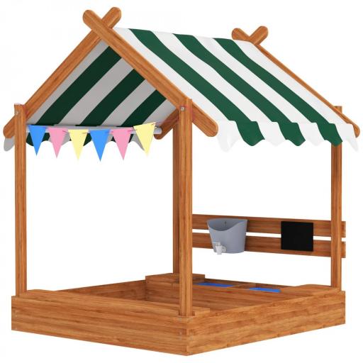 Arenero Infantil con Toldo 6 Banderines 2 Bandejas Grifo y Pizarra en Forma de Casa para Patio 124x116x146 cm Naranja [10]