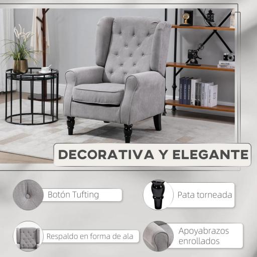 Sillón de Salón con Reposacabezas y Patas de Madera Butaca Carga 160 kg para Dormitorio Oficina Sala de Estar Gris [2]