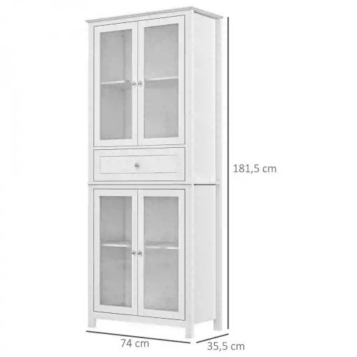 Alacena de Cocina Mueble Vitrina con 4 Puertas de Vidrio Templado Cajón y Estantes Ajustables 74x35,5x181,5 cm Blanco [1]