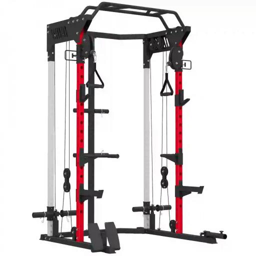 Jaula de Potencia Smith Machine, Rack para Sentadillas con Sistema Polea Ajustable Barra Dominadas y Estación de Fondos [6]
