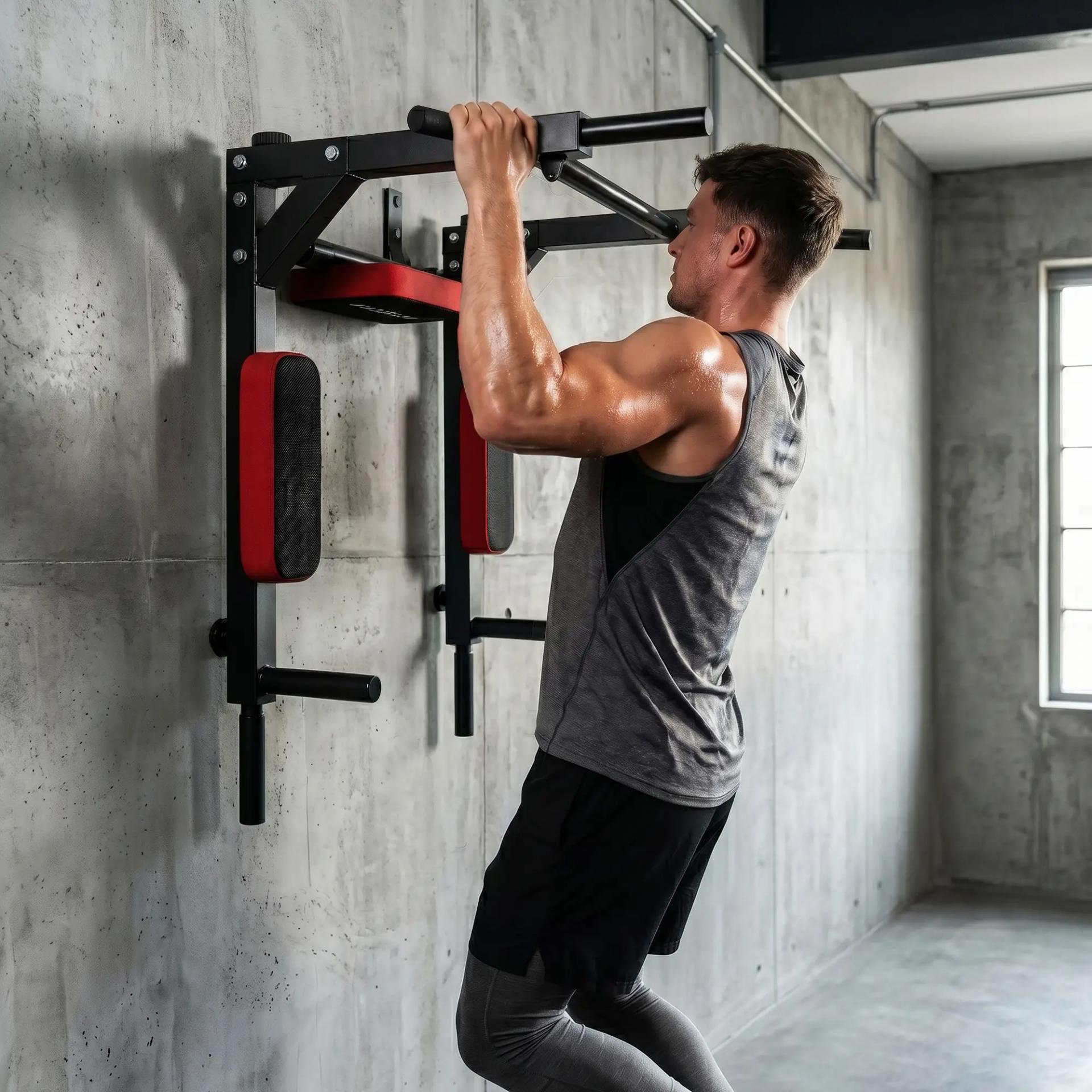 Barra de Dominadas de Pared 2 en 1 Estación Multifuncional para Gimnasio en Casa Carga 200 kg Rojo