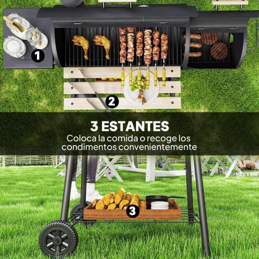 Barbacoa de Carbón 3 en 1 Ahumador Parilla de Carbón Barbacoa de BBQ 124x53x104 cm con Termómetro y Ruedas Estantes [7]