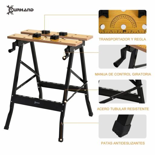 Banco de Trabajo Plegable Mesa de Trabajo Portátil con 4 Abrazaderas Agujeros para Sierra Uso Doméstico Carpintería Hierro MDF Soporta 70 kg 56x62x75 cm Natural Negro [2]