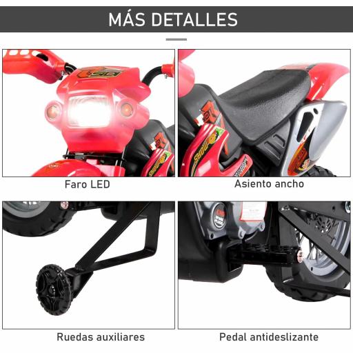 Moto Electrica Infantil Bateria 6V Recargable Niños 3+ Años Cargador y Ruedas Apoyo 102x53x66 cm Color Rojo [5]
