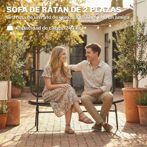 Sofá Exterior de Ratán de 2 Plazas con Asiento y Respaldo Tejidos de Ratán Estructura de Acero Carga 240 kg Negro [4]