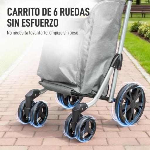 Carrito de Compra Plegable de 46 L Carro 3 en 1 con 6 Ruedas Bolsa Térmica y Asa Ajustable 44x58x100 cm Gris [6]