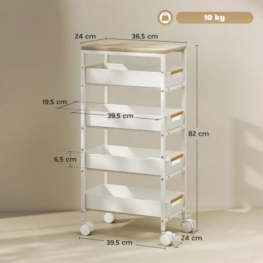 Carro de Cocina de 5 Niveles Carrito Auxiliar con Ruedas Tablero Efecto Madera Cajones Extraíbles 39,5x24x82 cm Blanco [1]