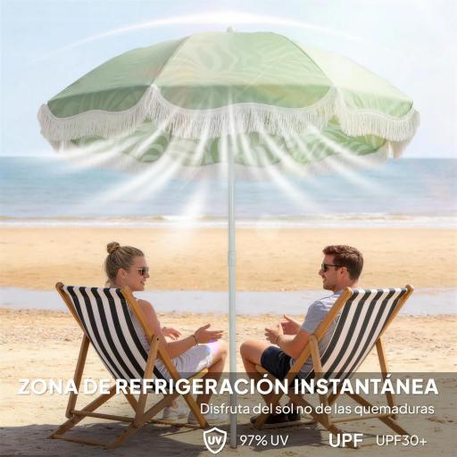 Sombrilla de Playa con Flecos Ø180 cm Altura Ajustable Inclinación Anclaje Arena y Bolsa de Transporte UPF30+ Verde [1]