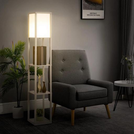 Lámpara de Pie con Estantes de Almacenaje, Lámpara de Madera Moderna, Bombilla E27, para Salón, Dormitorio, Oficina, Blanco [4]