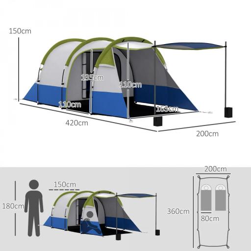 Tienda de Campaña Plegable para 3 Personas 2 Habitaciones Bolsa de Transporte 420x200x150 cm Azul Oscuro y Verde [1]