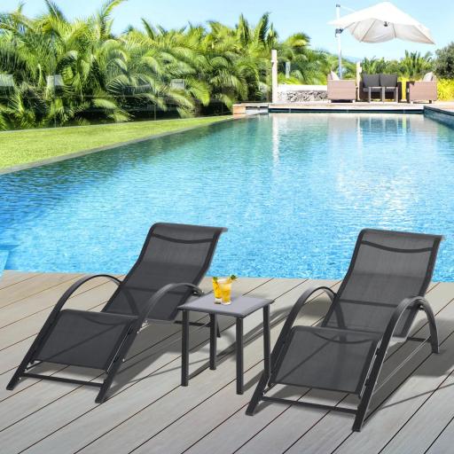Set de 2 Tumbonas Jardín Exterior con Mesa Auxiliar de Vidrio Templado Tumbonas con Respaldo Reposabrazos para Patio Piscina Terraza Exterior Negro