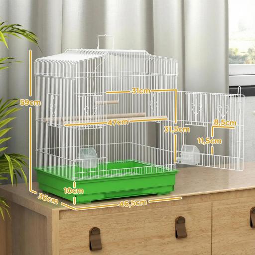 Jaula para Pájaros Pajarera de Acero con 2 Comederos 2 Perchas Columpio y Bandeja Extraíble Asa 46,5x36x59 cm Verde [2]