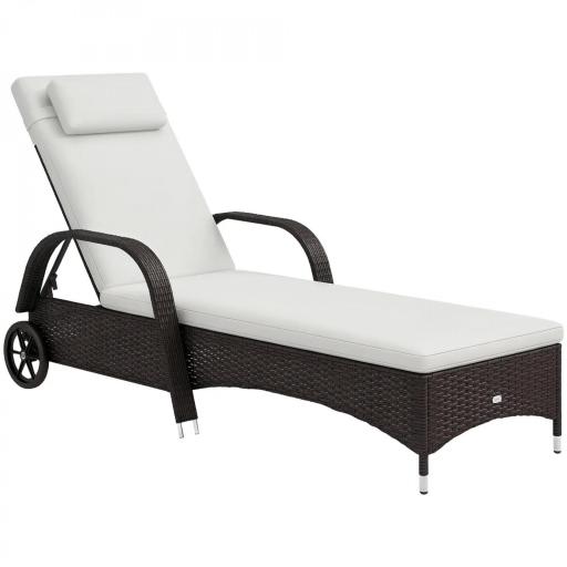 Tumbona de Ratán de Jardín Chaise Longue con Respaldo Ajustable en 5 Posiciones Cojines Acolchados Reposacabezas y 2 Ruedas Carga 160 kg 200x73x30-103 cm Crema y Marrón [8]