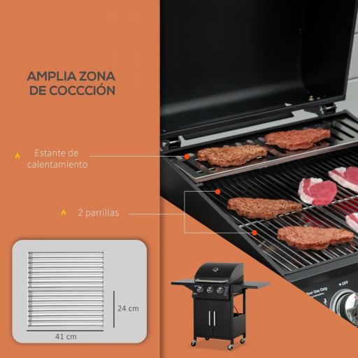 Barbacoa de Gas con 3 Quemadores 8,7 KW con 2 Mesas Laterales Armario de 2 Puertas 4 Ruedas y Frenos 121x55x109 cm Negro [5]
