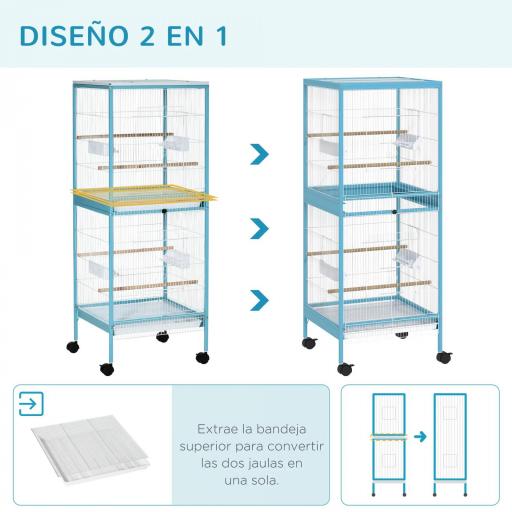 Jaula para Pájaros de 2 Niveles con Ruedas Bandejas Extraíbles Puertas Comederos Perchas 51,5x50x140 cm Azul [4]