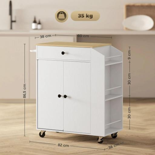 Isla de Cocina con 2 Puertas Cajón Especiero de 3 Niveles Toallero y Estante Ajustable 82x38x86,5 cm Blanco [1]