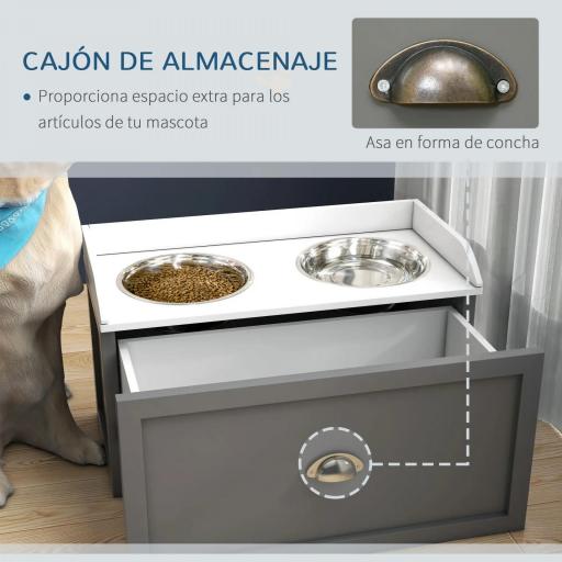 Comedero Elevado para Perros Grandes con 2 Cuencos de 2000 ml de Acero Inoxidable y 1 Cajón 63x30x36 cm Gris y Blanco [4]