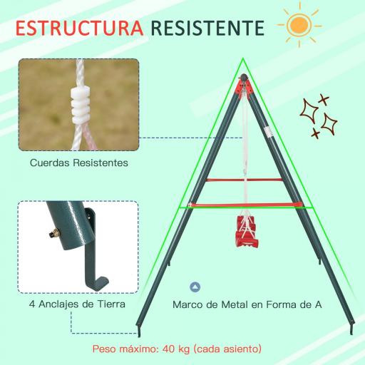Columpio Doble para Niños +3 Años con Soporte de Metal Juego de Columpio Infantil Cuerda Ajustable Exteriores Carga Máx. 40kg 239x156x180 cm Verde Rojo [4]