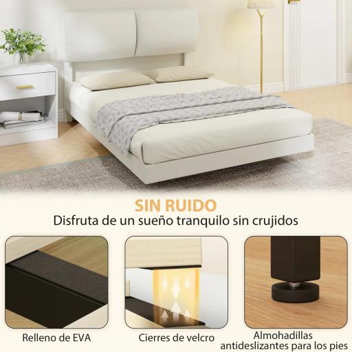 Cama Doble de 135x190 cm Somier con Cabecero Acolchado Efecto Flotante Estructura Metálica Beige [4]
