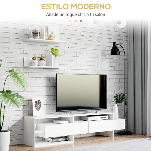 Mueble de Salón para TV con Mesa para Televisor 180x33,5x42 cm y 2 Estantes de Pared 65x20x20 cm Blanco [2]
