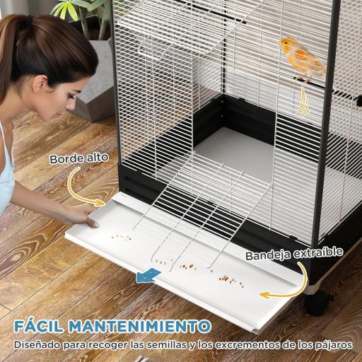 Jaula para Pájaros con Ruedas Pajarera Metálica con Bandeja Extraíble Puertas 79x65x155 cm Negro [5]