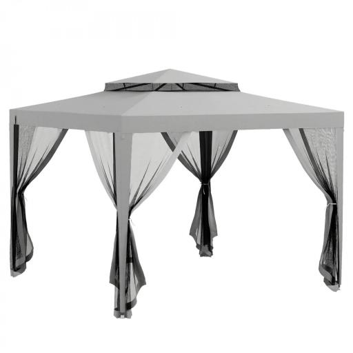 Carpa de Jardín 3x3 m Cenador Gazebo con 4 Mosquiteras Laterales Techo Doble 8 Orificios de Drenaje Marco de Metal Gris [8]
