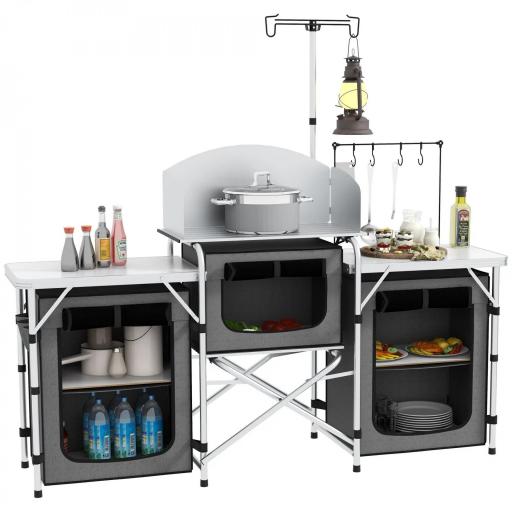 Mueble de Cocina para Camping Plegable con 3 Mesas 4 Ganchos Poste de Luz y Bolsa de Transporte 172x48x130 cm Gris [9]