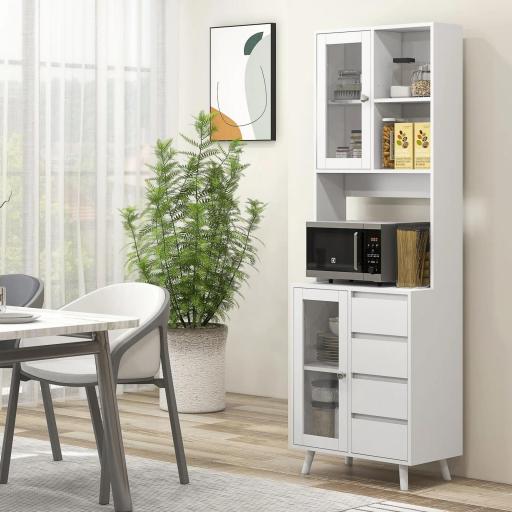 Alacena de Cocina Aparador con 2 Puertas de Vidrio Compartimentos 4 Cajones y Estantes Ajustables 60x35x180 cm Blanco [6]