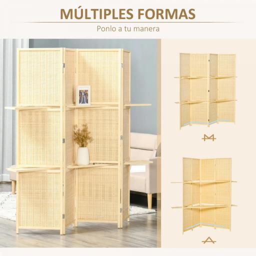 Biombo Separador de Ambientes Plegable de 4 Paneles con 2 Estantes Extraíbles para Dormitorio 180x180 cm Natural [3]