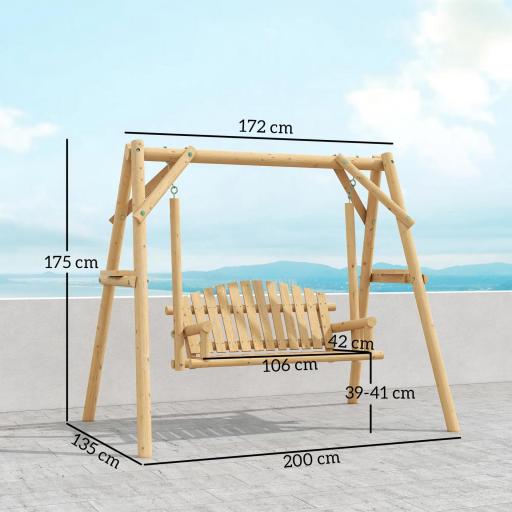 Banco Columpio de Jardín de Madera de 2 Plazas con Bandejas Laterales Reposabrazos y Estructura en A Natural [1]