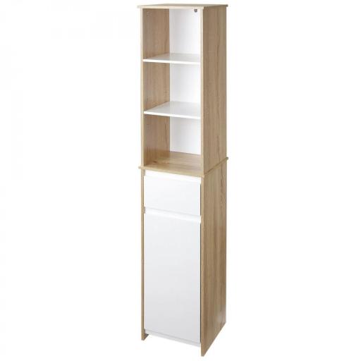 Armario Alto de Baño Mueble Columna de Baño con 1 Puerta Cajón y 3 Estantes Balda Ajustable para Cocina Salón 32,6x30x171,2 cm Madera Natural y Blanco [9]