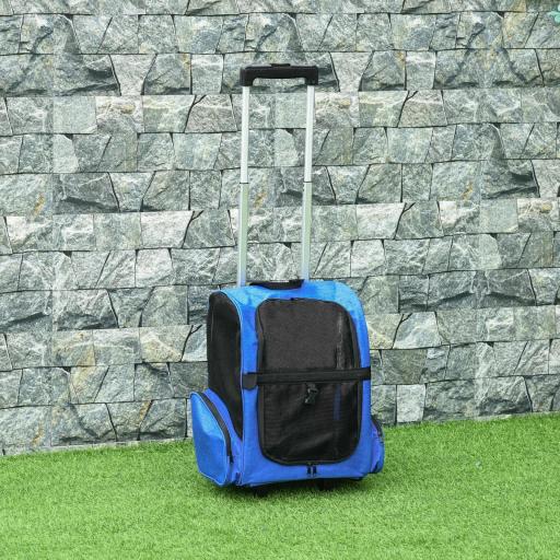 Transportín Carrito para Mascotas 2 en 1 Mochila de Viaje con 2 Ruedas para Perros Gatos con Asa Retráctil de Aluminio y Bolsillos de Almacenaje 42x25x55 cm Azul