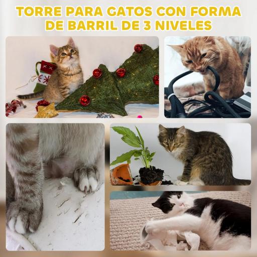 Barril Rascador para Gatos de 2 Niveles Altura 49 cm Tonel de Escalada con Cama Cubierto de Sisal Caqui y Café [5]