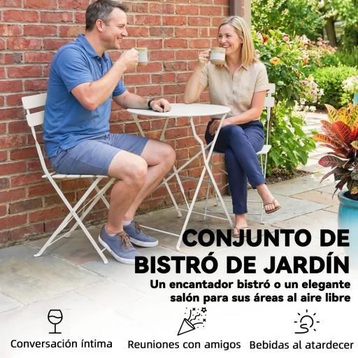Conjunto de Jardín Plegable con 2 Sillas Plegables Mesa Redonda Estructura Metálica Electrofórica para Balcón Crema [4]