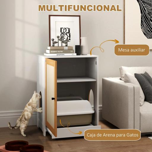Mueble Arenero para Gatos con Bandeja Extraíble Compartimentos y Tapete para Rascar 57x50x80,5 cm Blanco y Roble [5]