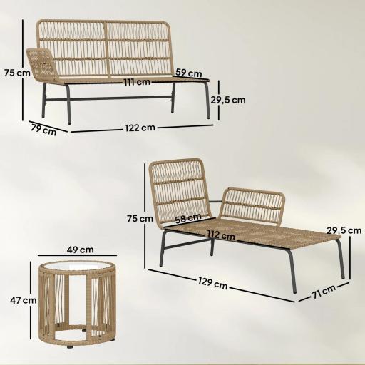 Conjunto de Muebles de Jardín Exterior de Ratán con Sofá de 2 Plazas Chaise Longue Cojines y Mesa Auxiliar Crema [1]