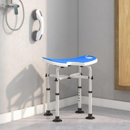 Silla de Ducha Antideslizante con Barra de Agarre con Ventosas Altura Regulable y Asiento en Forma de U Azul