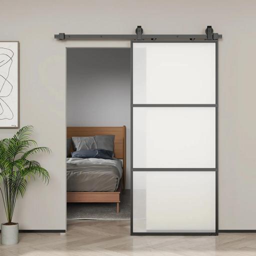 Puerta Corredera de Cristal con Herrajes Mecanismo Cierre Suave para Baño Salón 91,4x203,2 cm Negro [5]
