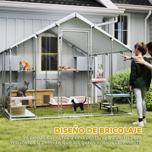 Jaula Grande para Gatos Exterior con 2 Casitas 7 Plataformas para Saltar Cubierta Impermeable y Anti-UV 240x193x195 cm [5]