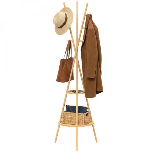 Perchero de Pie de Bambú Perchero para Ropa con 2 Estantes y 9 Ganchos Diseño Elegante 58,5x58,5x176 cm Natural [8]