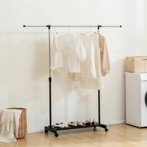 Tendedero Extensible con Ruedas con Barra de Acero Inoxidable y Estante para Zapatos 159x42x168 cm Negro y Plata