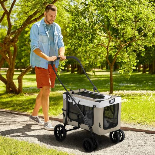 Cochecito para Perros Plegable con Vagón Desmontable 4 Puertas con Cremallera 2 Correas de Seguridad y Cojín Caqui