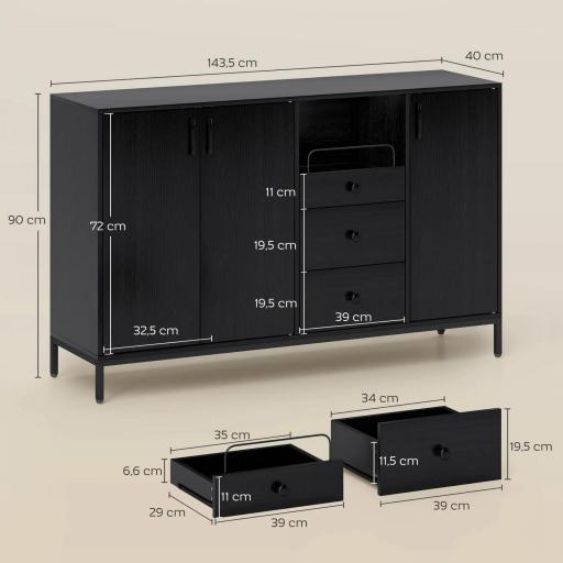 Aparador de 3 Puertas Aparador de Salón con 3 Cajones Estantes Ajustables para Cocina Entrada Negro 143,5x40x90 cm [1]