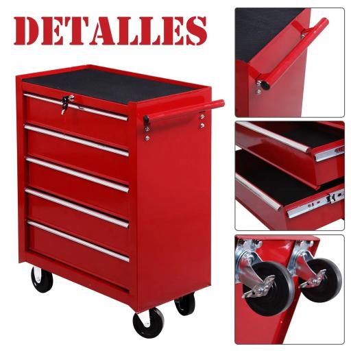 Carro caja de herramientas taller movil con 5 cajones 4 ruedas chapa de Acero Rojo [6]