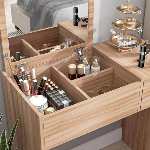 Tocador Compacto con Espejo Abatible y Cajones y Taburete Estilo Minimalista Escritorio Pequeño 80x40x79cm Madera Natural [3]