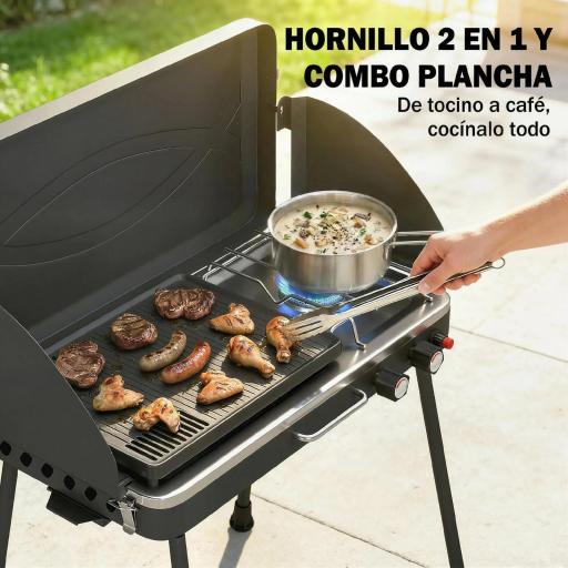 Barbacoa de Gas Portátil 2 en 1 Propano 7 kW de Mesa o de Pie con Plancha Grande Patas Desmontables Negro [2]
