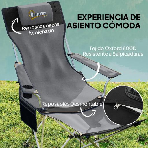 Conjunto de 2 Sillas Plegables Camping con Reposapiés Desmontable Reposacabezas Portavasos y Bolsa 125x48x90 cm Gris [2]
