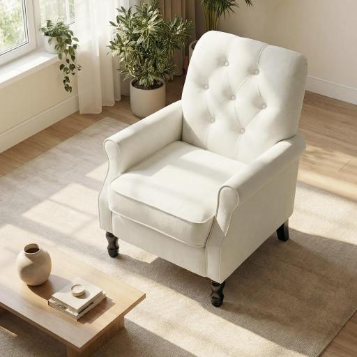 Sofá Individual Tapizado en Lino Asiento Acolchado Grueso Respaldo Capitoné Patas de Madera Maciza Crema [7]
