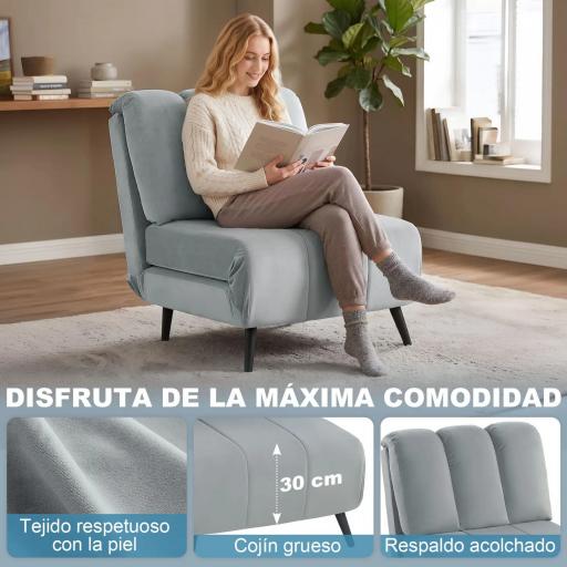 Sillón Cama Individual 3 en 1 Sofá Cama Plegable con Respaldo Ajustable y Cojín Grueso para Salón 72x88x87 cm Gris [5]