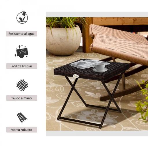 Mesa de Terraza Exterior de Ratán PE Plegable con Patas Cruzadas y Marco de Acero para Patio Balcón 40x40x40 cm Marrón [5]